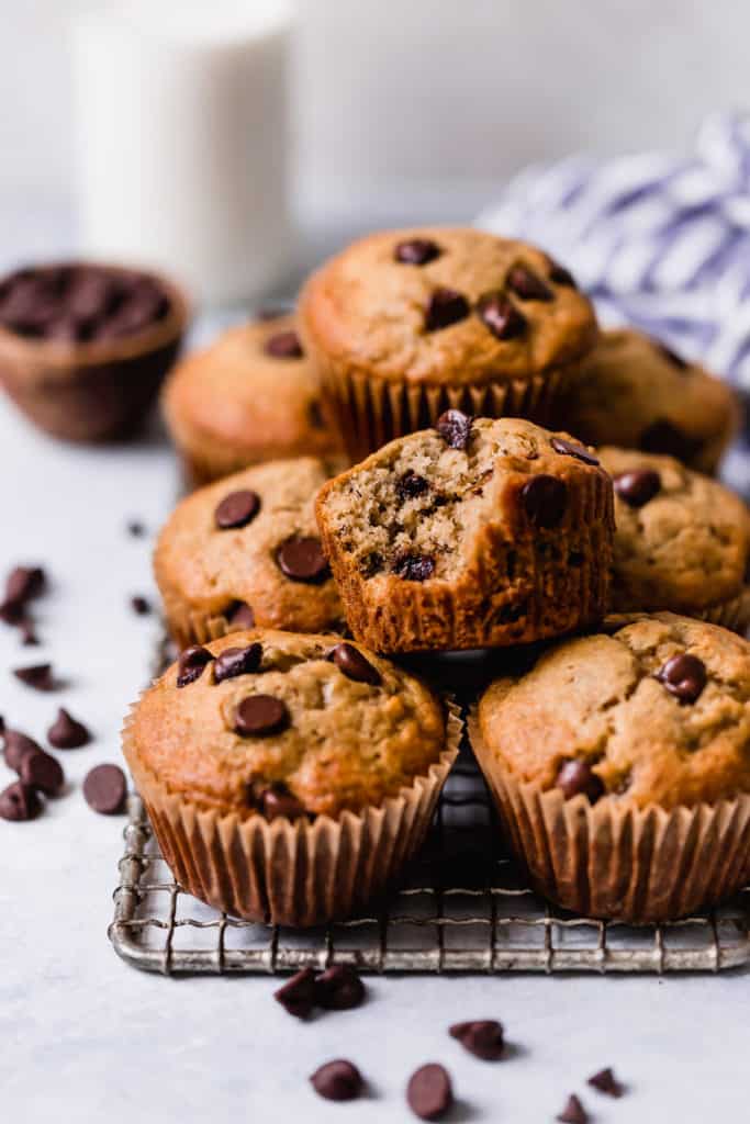 Close up view of banana chocolate chip muffins. 