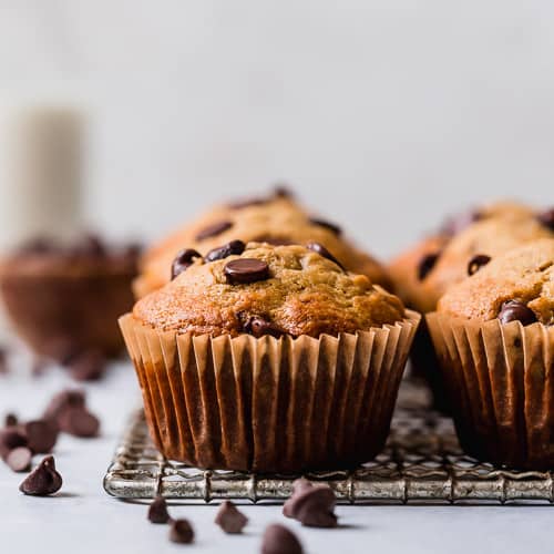 Side view banana chocolate chip muffins
