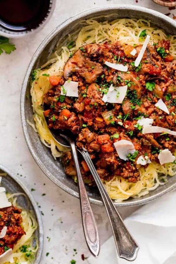 overhead view of mushroom spaghetti