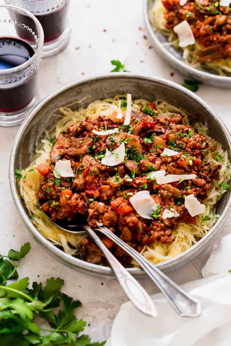 A large helping of Turkey Mushroom Bolognese that was made in the Instant Pot. 