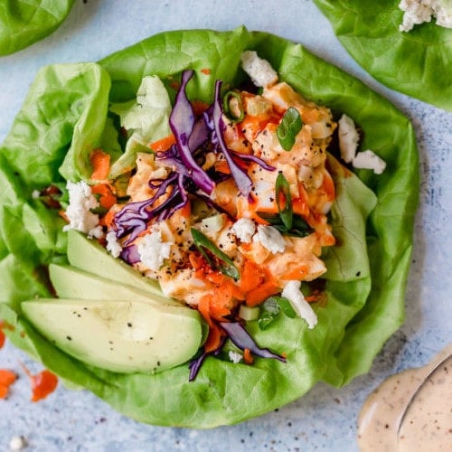 Overhead view of Buffalo Ranch Egg Salad on a lettuce wrap