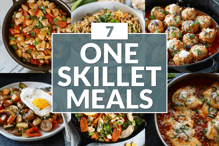 A collage of photos for one skillet meals with text overlay