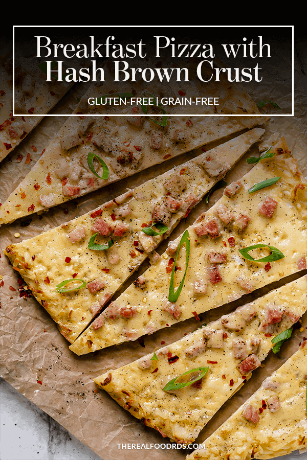 Photo of Breakfast Pizza with Hash Brown Crust and text overlay