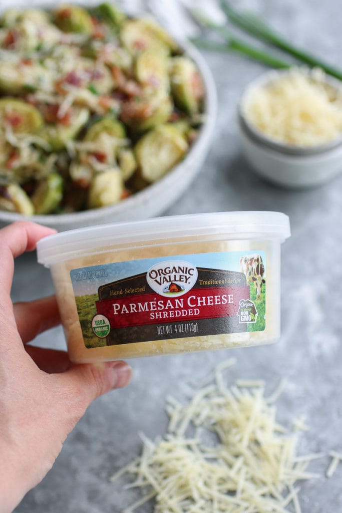 a hand holding a container of shredded parmesan cheese