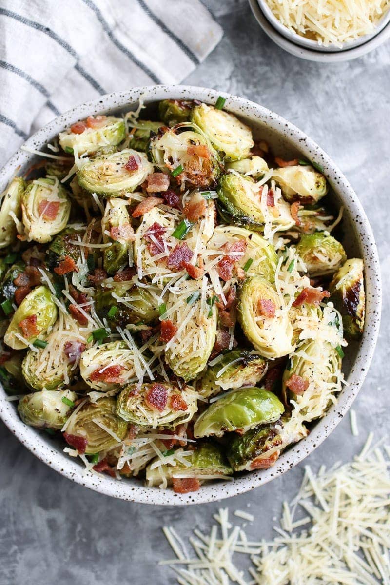 overhead view of Parmesan Roasted Brussels Sprouts with Bacon
