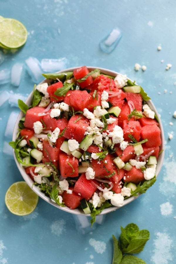 Overhead view of a bowl of Watermelon-Cucumber Salad with Feta