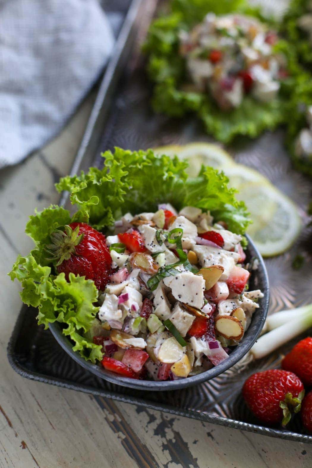 close up view of strawberry poppy seed chicken salad