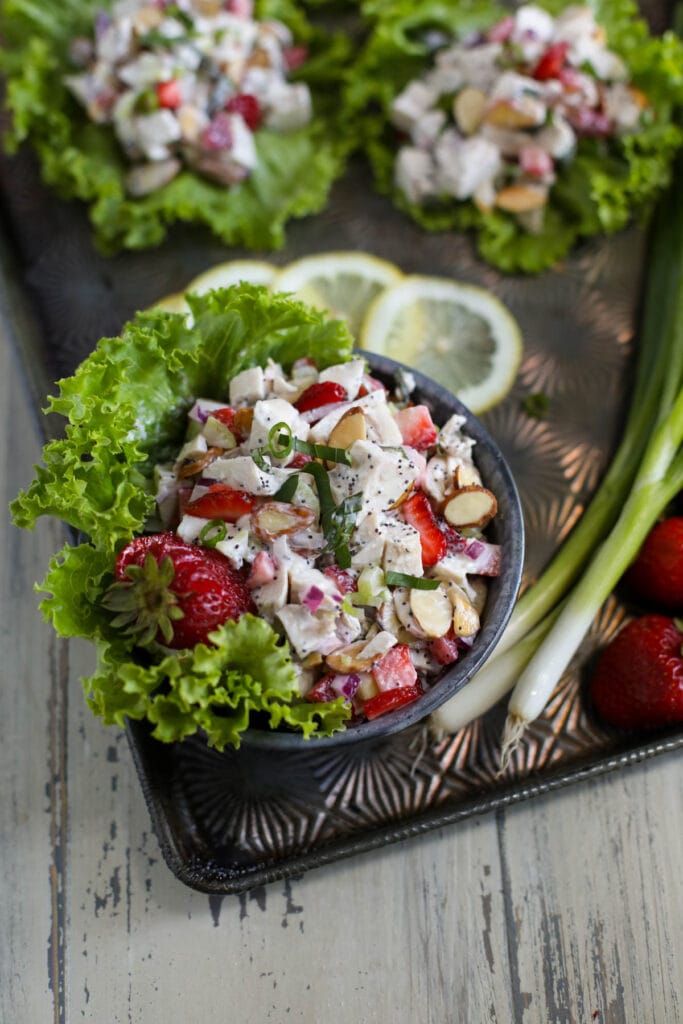 Overhead view of Strawberry Chicken Poppy Seed Salad in lettuce wraps