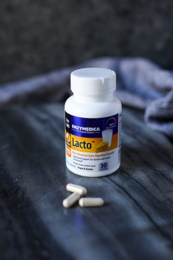 Close up view of a bottle of Lacto a dairy digestion formula pill