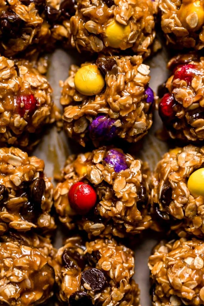 Close up of cookie dough balls on a baking sheets.
