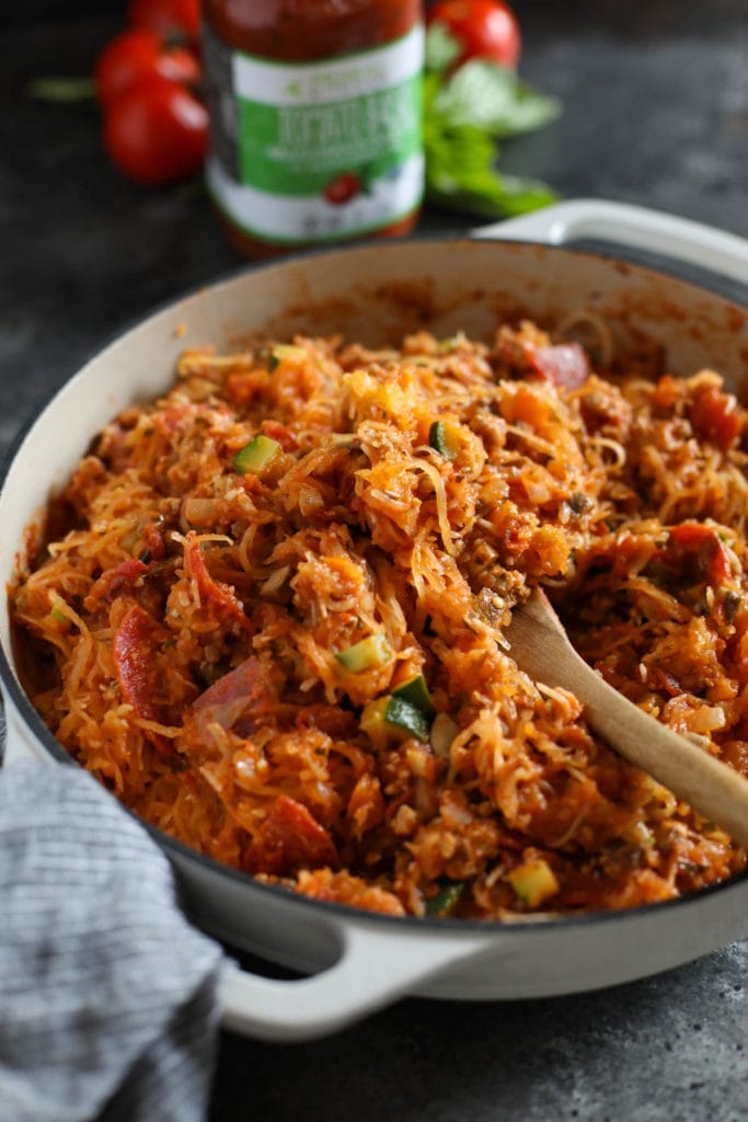 Pizza-Stuffed Spaghetti Squash ingredients in a skillet pan