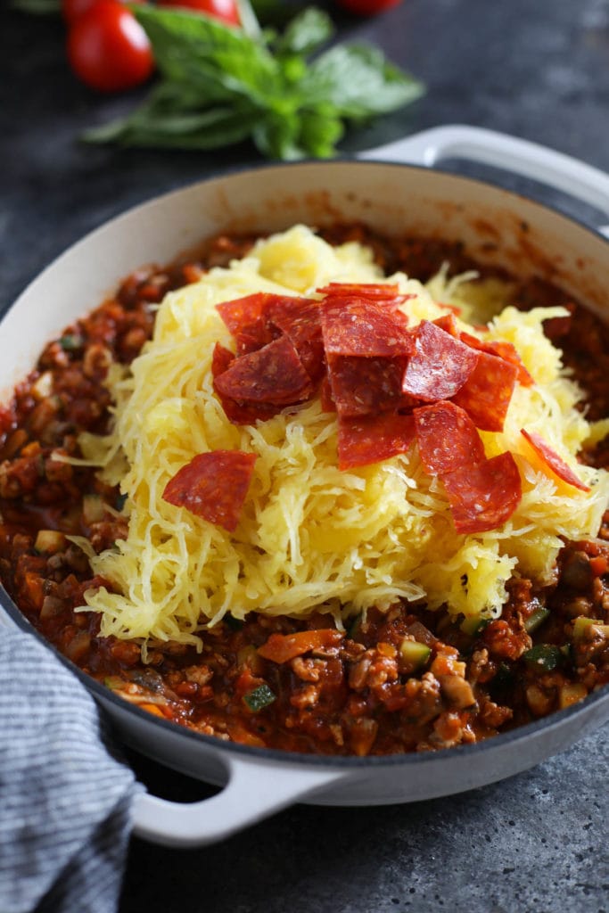 Pizza-Stuffed Spaghetti Squash ingredients in a skillet