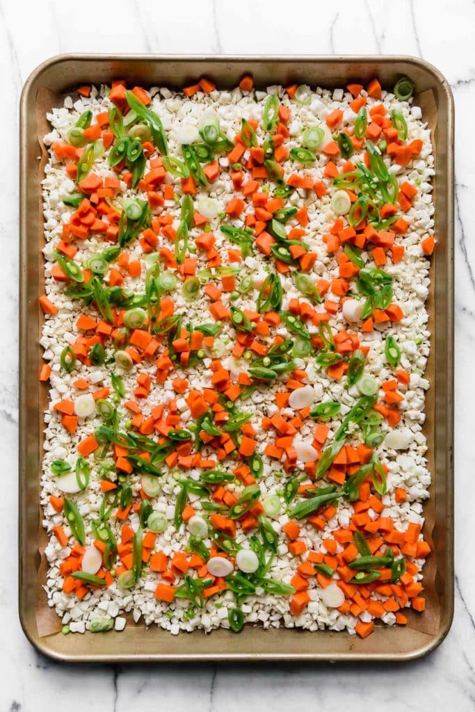 Sheet Pan Cauliflower Fried Rice ready for baking