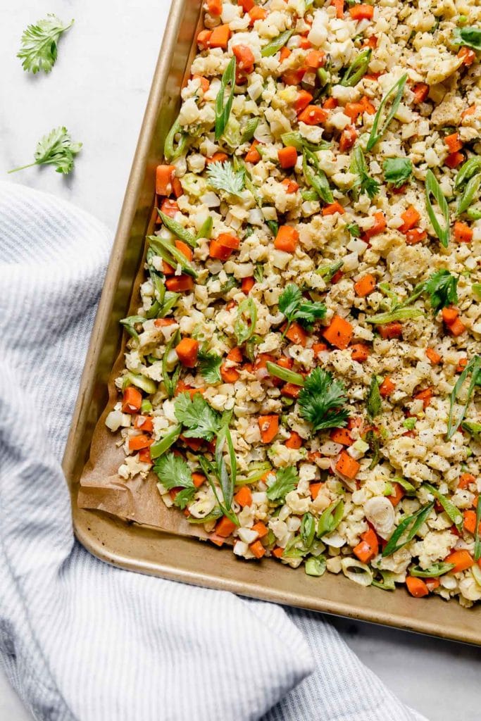 freshly baked Sheet Pan Cauliflower Fried Rice