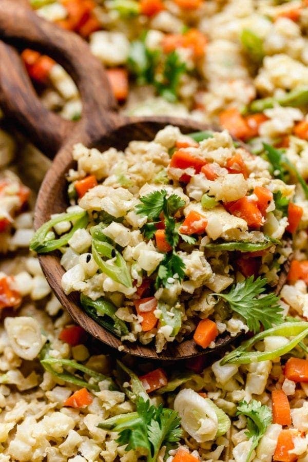 close up view of a batch of Sheet Pan Cauliflower Fried Rice
