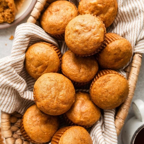 Overhead view of a basket filled with freshly baked Sweet Potato Muffins.