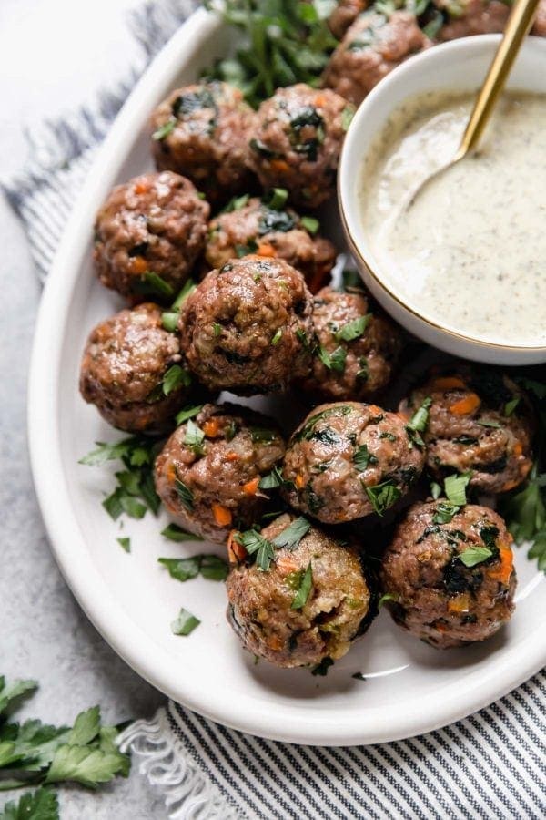 close up view of a platter of meatballs