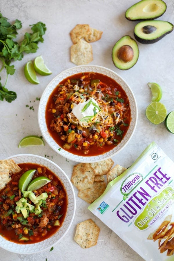 2 bowls of Instant Pot Veggie Loaded Turkey Chili with crackers on the side