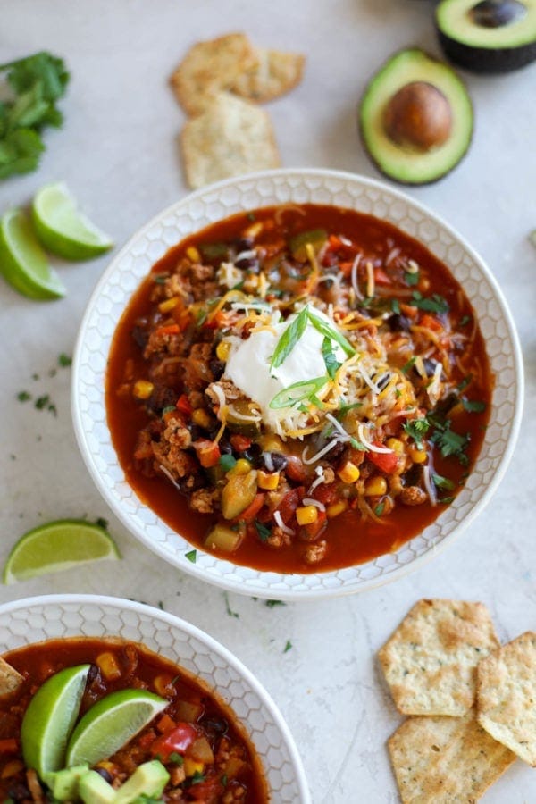 Overhead view of a bowl of Instant Pot Veggie Loaded Turkey Chili