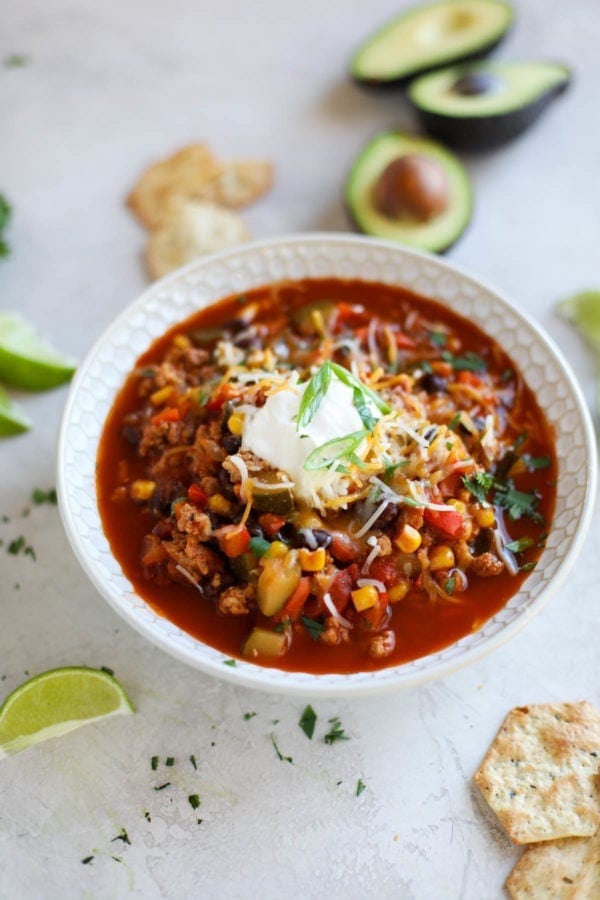 Close up view of a bowl of Instant Pot Veggie Loaded Turkey Chili