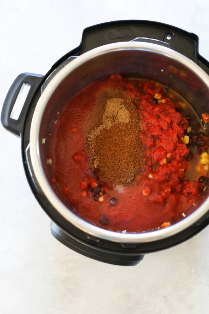 Overhead view of ingredients for Veggie Loaded Turkey Chili