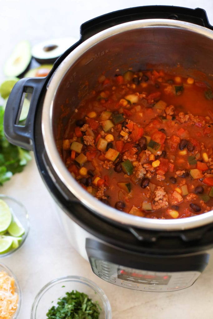 Instant Pot Veggie Loaded Turkey Chili in a pressure cooker