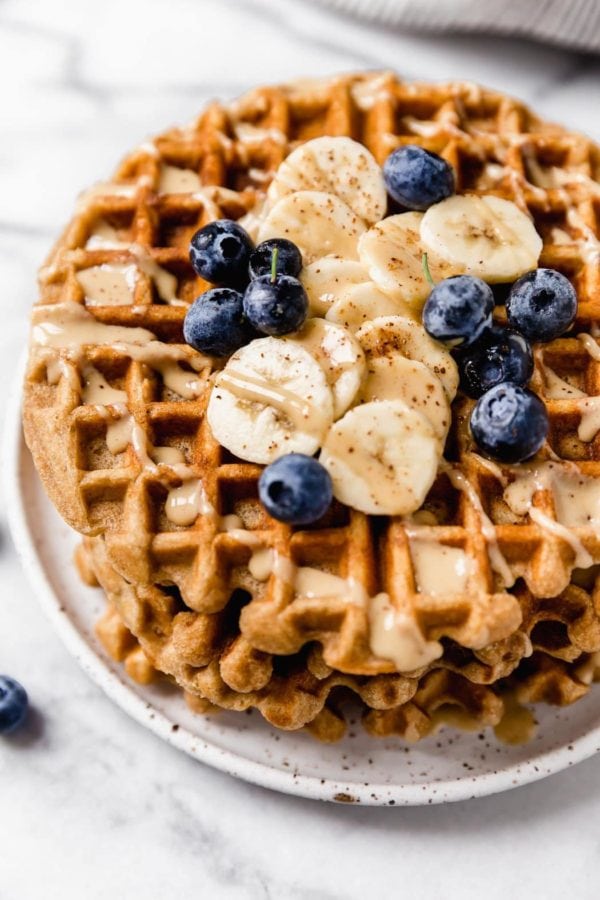 close up view of Gluten-Free Peanut Butter Banana Waffles