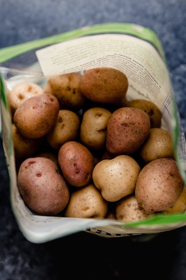 Overhead view of a bag of baby potatoes
