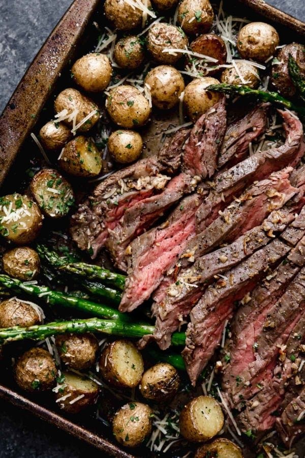 Close up view of Sheet Pan Parmesan Steak and Potatoes topped with fresh herbs and parmesan cheese