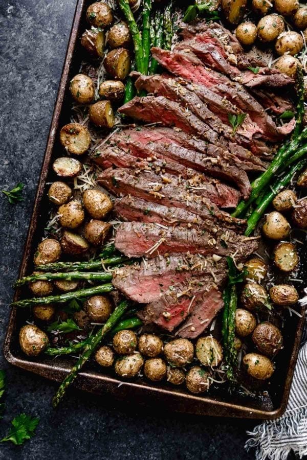 A sheet pan of Parmesan Steak and Potatoes