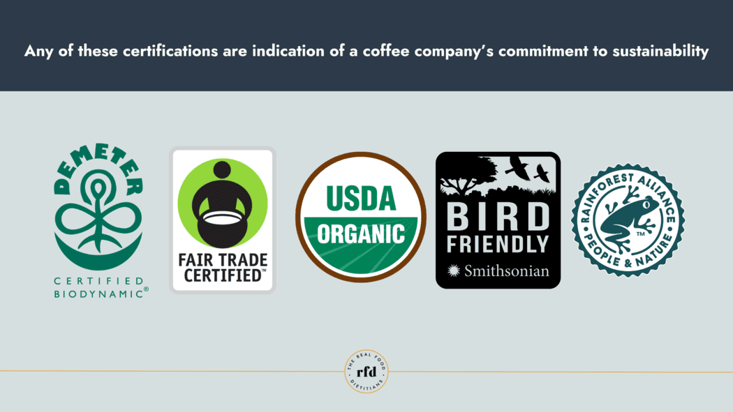 A row of certification logos that indicate a coffee's commitment to sustainability