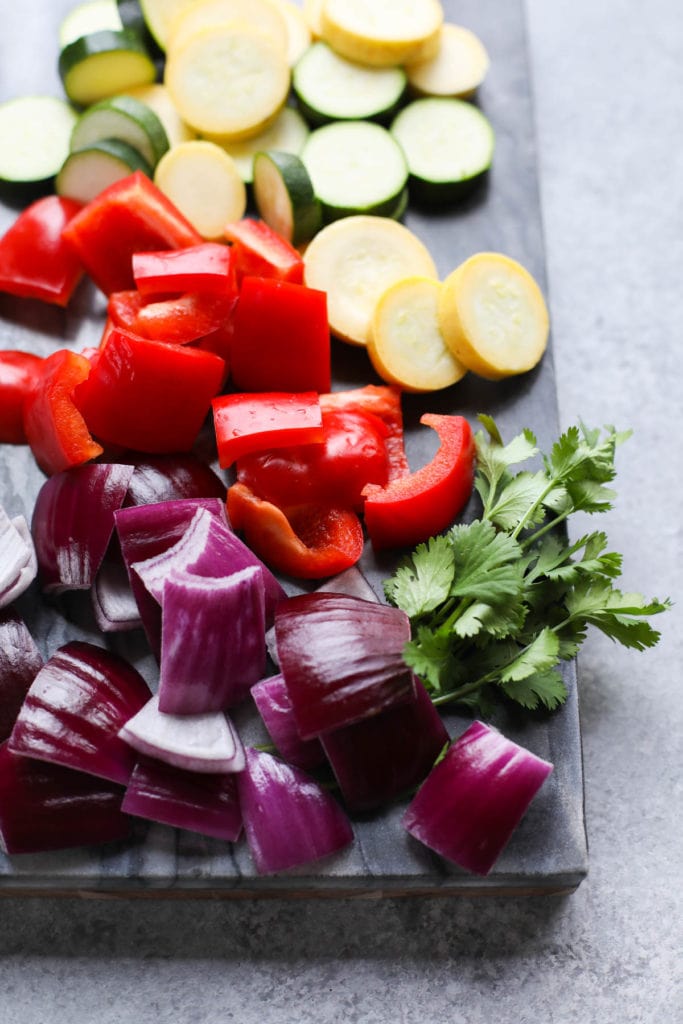 Overhead view of the vegetables for Grilled Pork Kebabs with Peanut Sauce