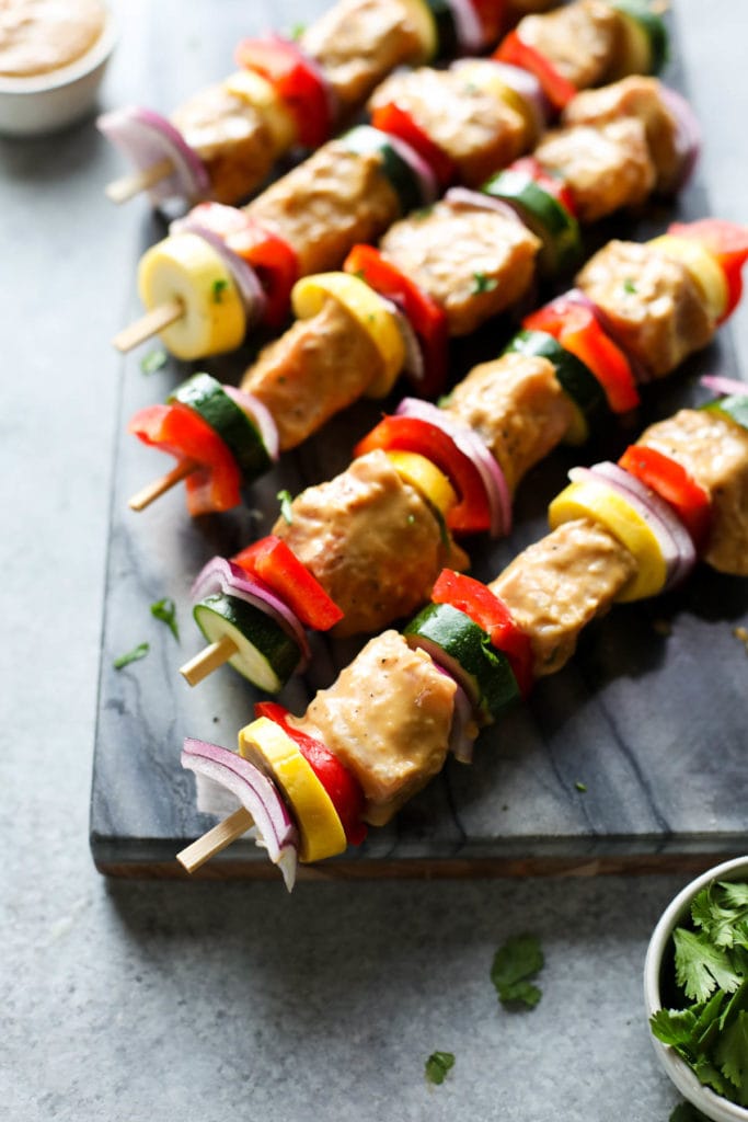 close up view of Grilled Pork Kebabs with Peanut Sauce