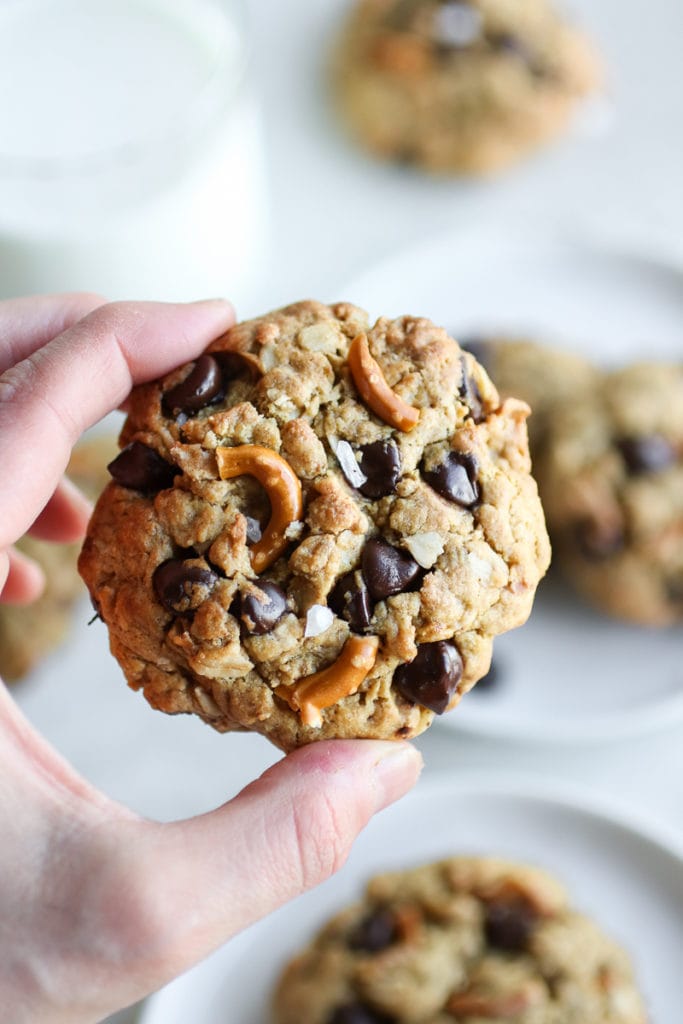 A hand holds a Peanut Butter Chocolate Chip Pretzel Cookie up for examination.