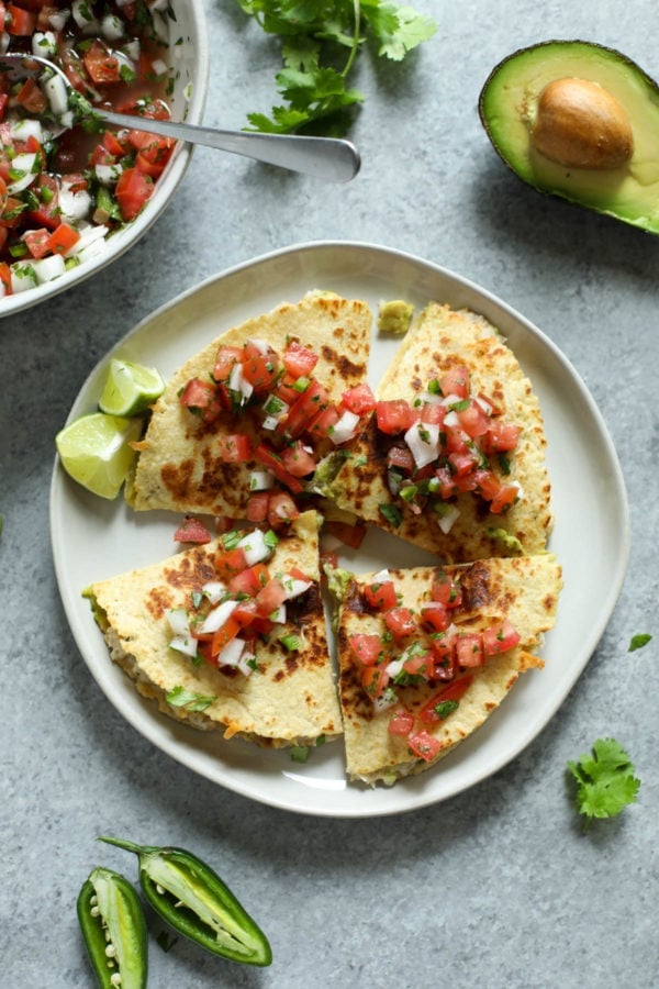 Overhead view of a plate of Tuna Melt Quesadillas