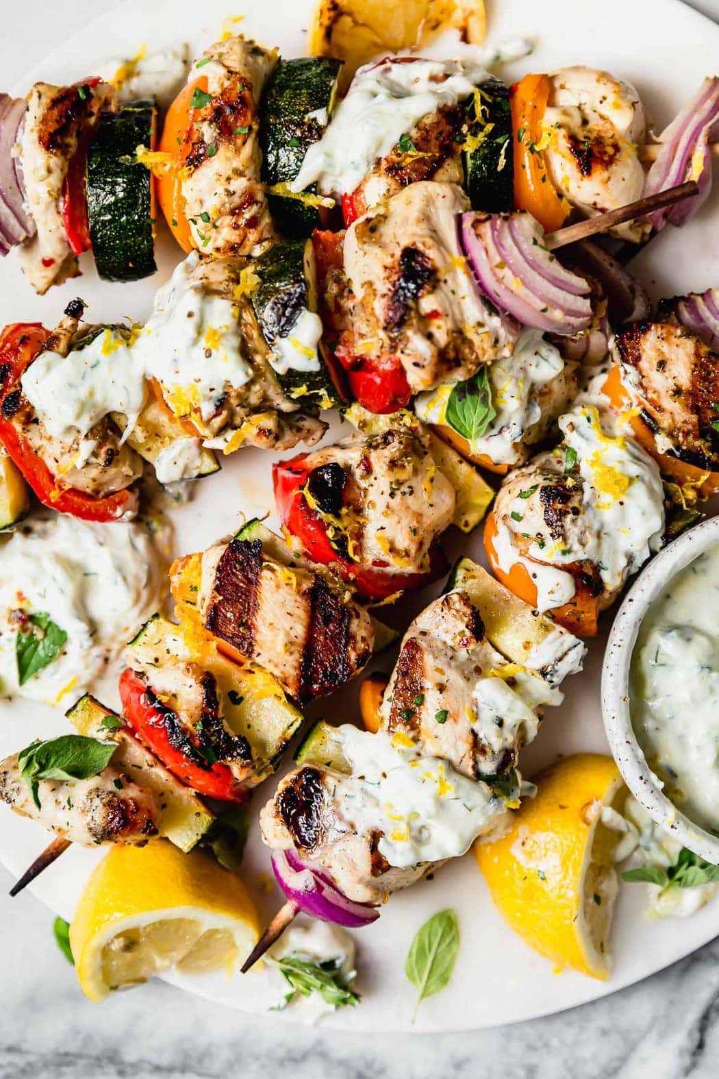 Photo of Greek Chicken Kebabs with Tzatziki Sauce.