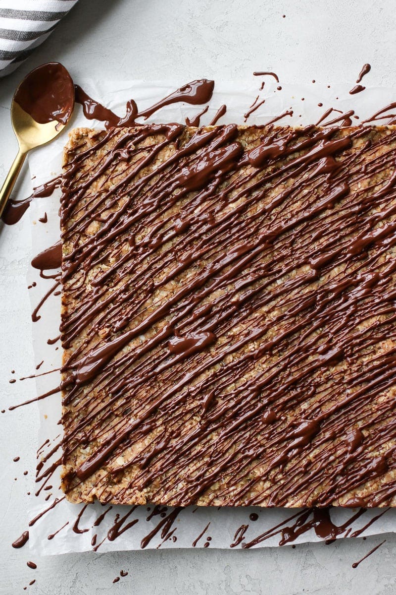 Overhead shot of the No-Bake Peanut Butter Crunch Bars before being cut into squares.