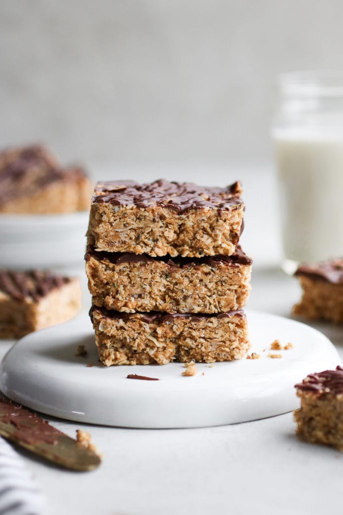 Photo of a stack of No-Bake Peanut Butter Crunch Bars