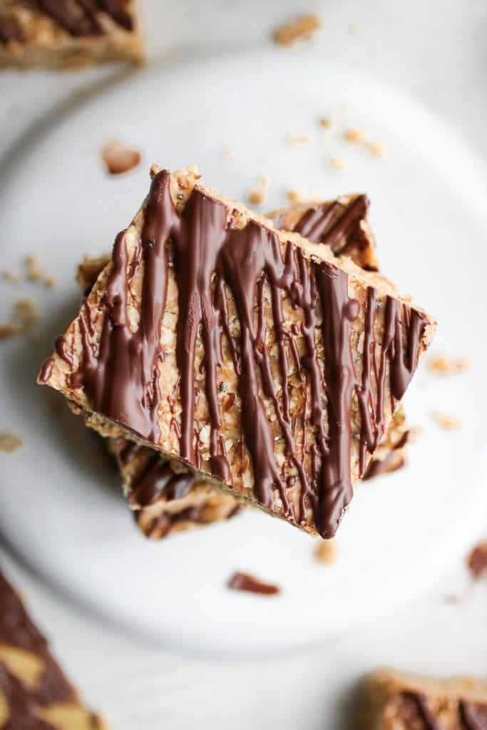Overhead shot of a stack of No-Bake Peanut Butter Crunch Bars