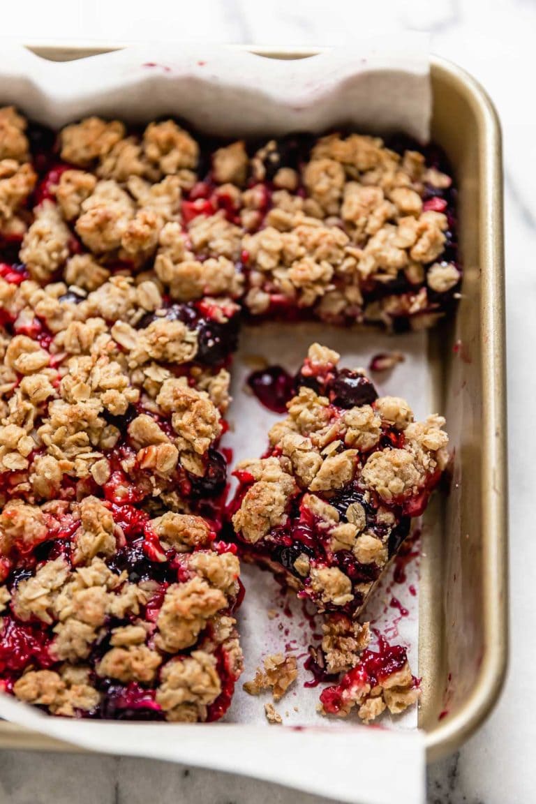 Overhead view of a pan of Oat Berry Crumble Bars Fresh and Ready to Eat