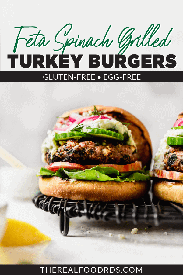 Photo of Feta Spinach Grilled Turkey Burgers with text overlay