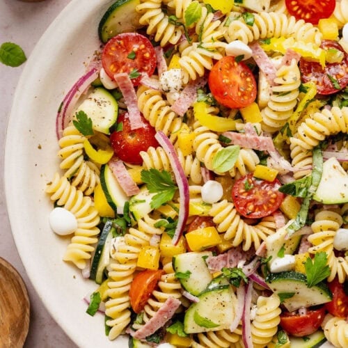 Overhead view of a bowl of Zesty Italian Pasta Salad