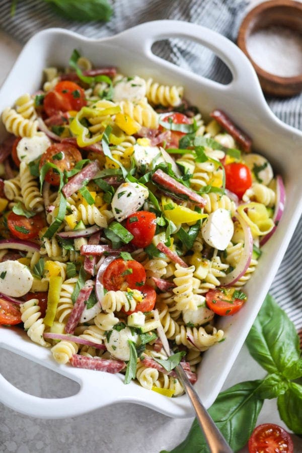 A dish filled with colorful Zesty Italian Pasta Salad 
