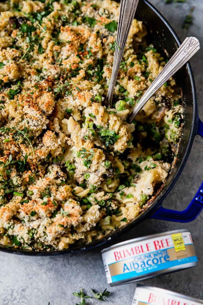 Creamy tuna noodle casserole is gluten-free and dairy-free and made with Bumble Bee Tuna. 