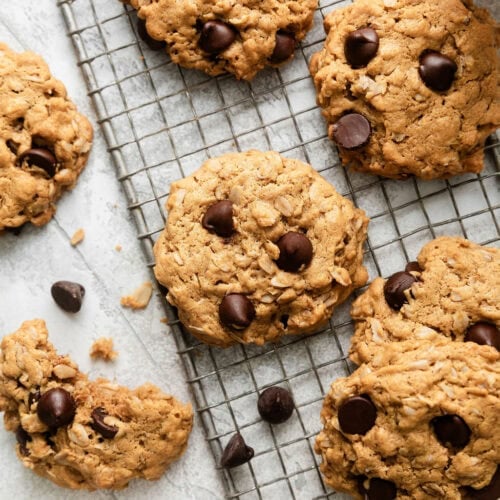 Overhead view of a cooking rack filled with freshly baked peanut butter and oatmeal cookies studded with chocolate chips.