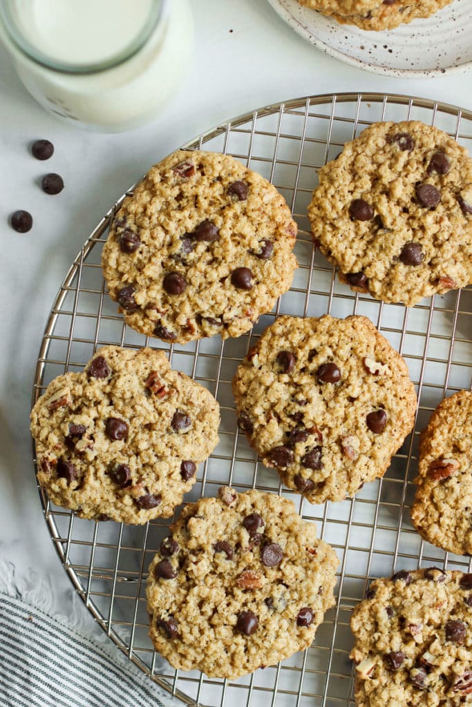 Several gluten-free oatmeal chocolate chip cookies with pecans on a gold cooling rack with a glass of milk nearby
