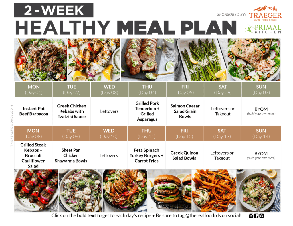 2 week calendar view of a healthy meal plan with recipe photos and descriptions on each day