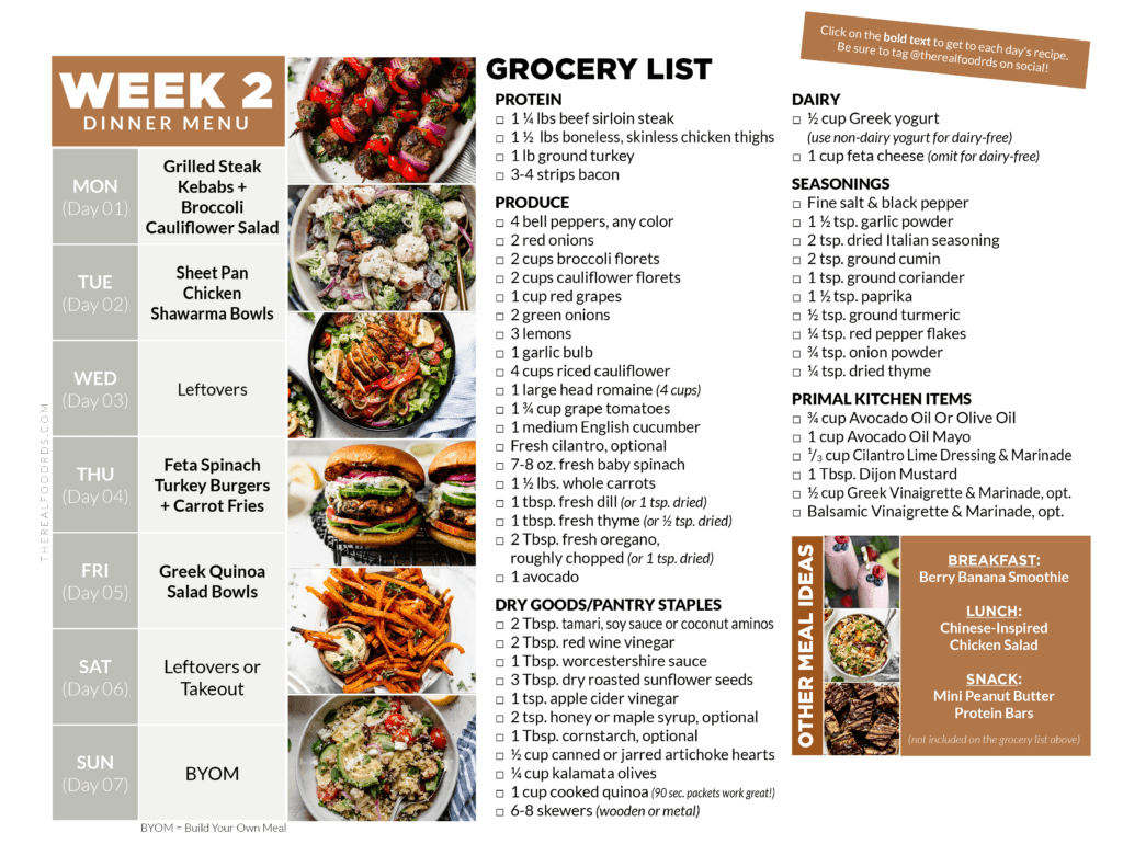 Week 2 calendar view with grocery list and photos of recipes