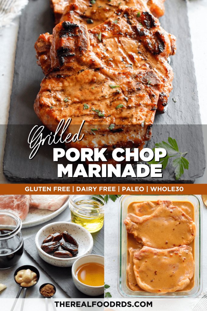 All ingredients for grilled pork chop marinade, pork chops marinating, and grilled pork chops on a slate cutting board.