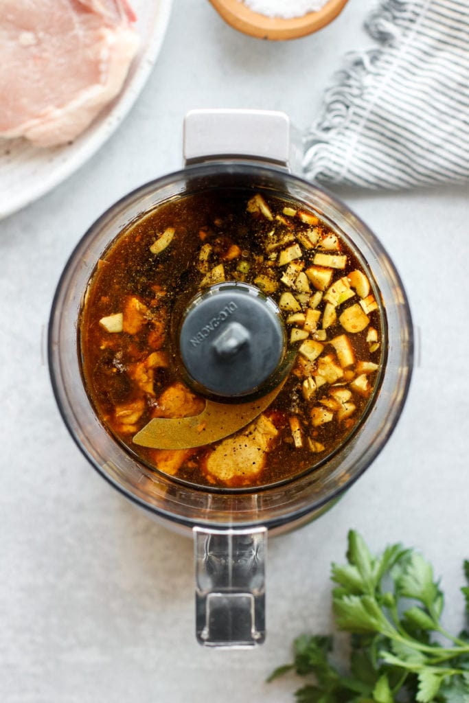 All ingredients for pork chop mustard marinade in a food processor